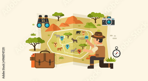Safari Explorer Planning A Journey With Map And Binoculars