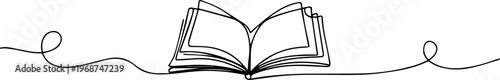 open book continuous one line drawing, Opened book with flying page and stars in one continuous line drawing, symbolizing magic of reading, Continuous one line drawing of book opening vector graphic