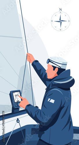 Sailing Navigator Adjusting Instruments On A Boat