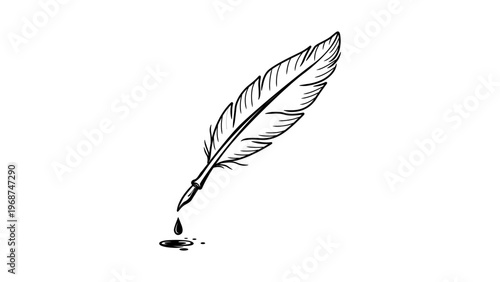 Minimalist black line vector icon illustration of a vintage feather quill pen with a drop of ink and puddle, hand-drawn sketch style on a white background for literature, writing, and art design.