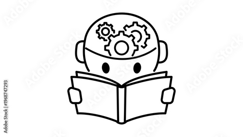 Machine learning vector icon with a minimalist black line illustration of a robot head with gears reading a book, symbolizing artificial intelligence, automated education, and deep learning.