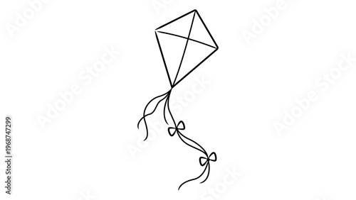 Fotografía Minimalist hand-drawn black line vector icon of a diamond-shaped kite flying with a decorative tail and bows, isolated on white background