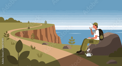 Scenic Hike Break With Refreshing Beverage Overlooking Vast Ocean Horizon