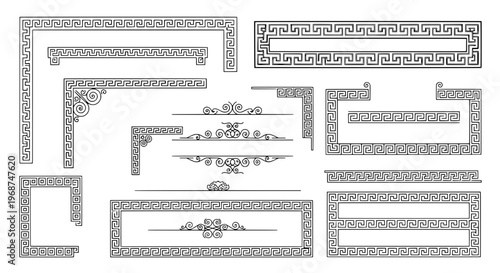 Borders ornate set with greek key and scroll designs in black line art featuring decorative frames, vector graphics, illustrations with design