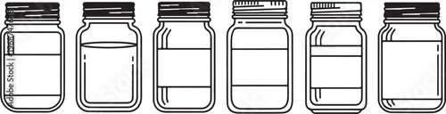 Six different styles of glass jars with lids in various shapes and sizes Vector