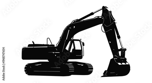 A stark black silhouette of a heavy duty excavator machine showcasing its powerful build and mechanical design silhouette high quality professional detailed