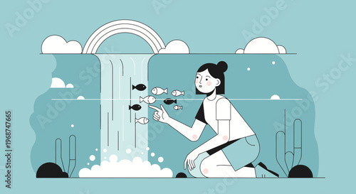 Serene Encounter With Aquatic Life Beside A Rainbow Waterfall