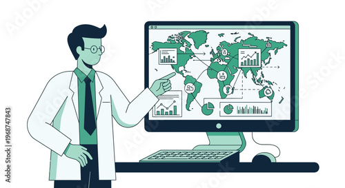 Scientist Demonstrating Global Data Analytics On Computer Screen