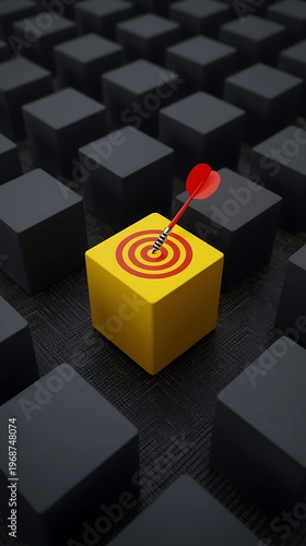 AI Generative Digital Art of a Bright Yellow Cube with a Red Dart Hitting a Target Among