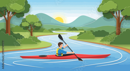 Serene Kayaking Adventure Through Verdant Landscapes Under Sunny Skies