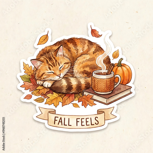 Sleeping Cat with Autumn Leaves.