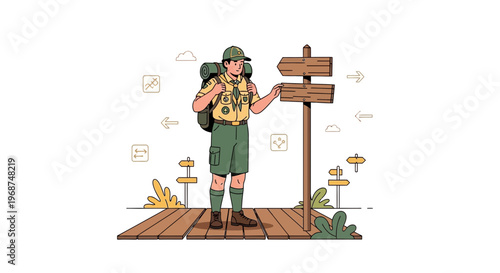 Scout At Crossroads With Direction Signpost Making A Choice