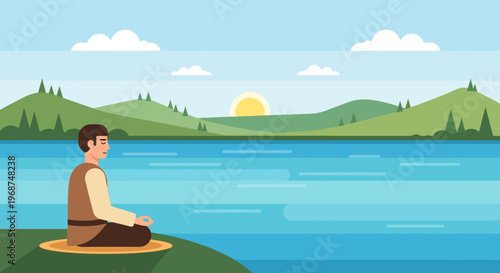 Serene Man Meditating Beside Tranquil Lake at Sunrise