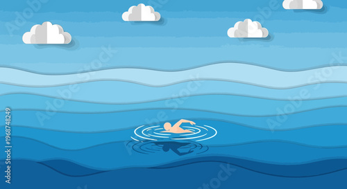 Serene Solo Swim Amidst Rippling Azure Waters and Paper Clouds