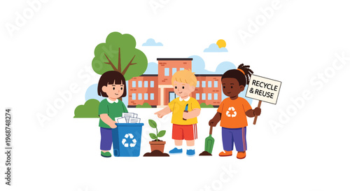 Flat style vector illustration of children learning recycling and environmental care in classroom, sustainability education and eco-friendly awareness concept