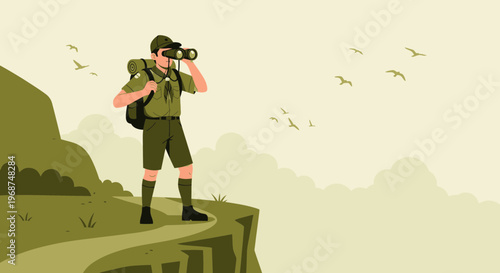 Scout Explorer With Binoculars On Cliff Edge Observing Birds Flight