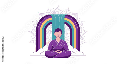 Serene Meditation Under a Vibrant Rainbow Waterfall Mandala