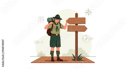 Scout Navigates Wilderness With Directional Signpost Adventure Awaits