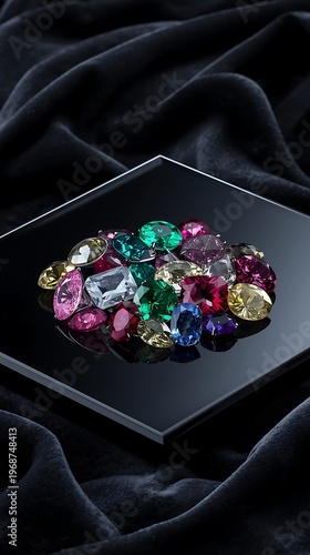 AI Generative Digital Artwork of Colorful Gemstones and Sparkling Jewelry on Black Velvet Background