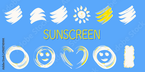 Abstract sun designs and the word sunscreen in bright yellow hues