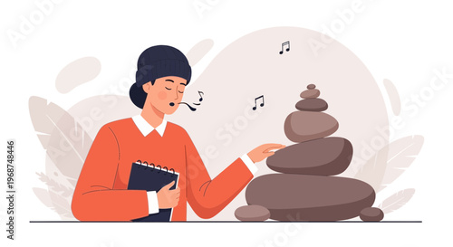 Serene Mindscape With Stacked Stones And Musical Notes Illustrating Inner Harmony