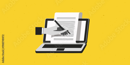 Hand writing on a document displayed on a laptop screen