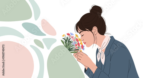 Serene Moment of a Young Woman Enjoying Fragrant Flowers
