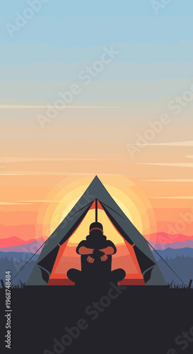 Serene Sunrise Meditation Inside a Cozy Camping Tent Amidst Nature