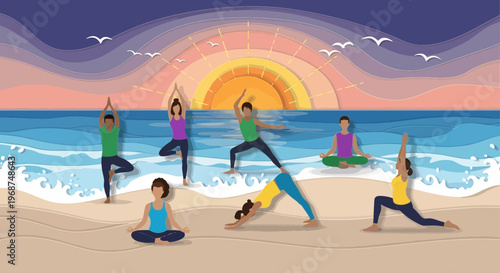 Serene Sunrise Yoga Session On A Textured Beach