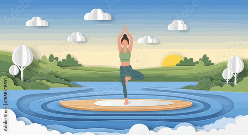 Serene Sunrise Yoga Practice On Calm Waters With Lush Greenery And Paper Art Style