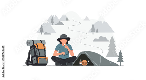 Serene Mountain Camp Scene With A Lone Hiker Resting