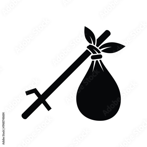 Minimalist black silhouette of a traditional bindle knapsack tied to a wooden stick, symbolizing homelessness, wandering, or a simple journey on a white background.