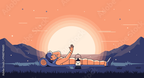 Serene Sunset Camping Adventure Scene with a Person Relaxing Outdoors