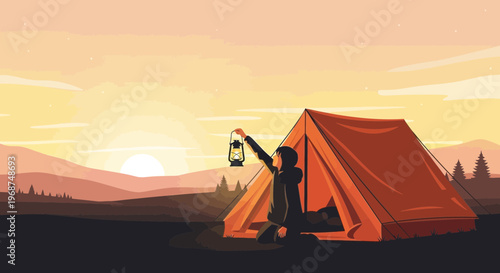 Serene Sunset Camping Adventure With A Lantern Glow