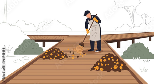 Seasonal Yard Cleanup Worker Sweeping Autumn Leaves On Wooden Boardwalk