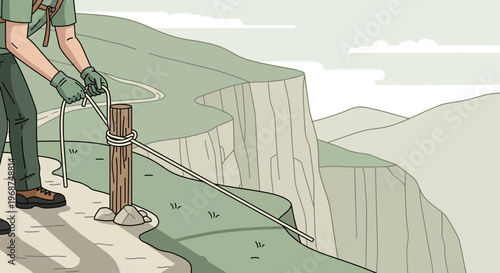 Securing Ropes On A Treacherous Mountain Trail For Safety And Navigation