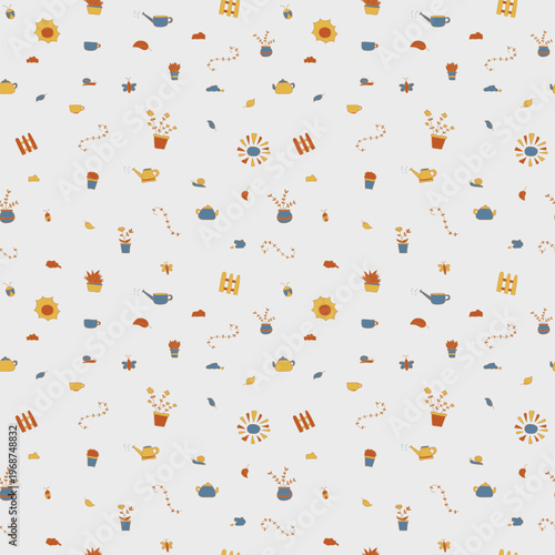 Cute garden element seamless pattern featuring hand-drawn plants, sun, and garden tools. Perfect for textile, wallpaper, and home decor.