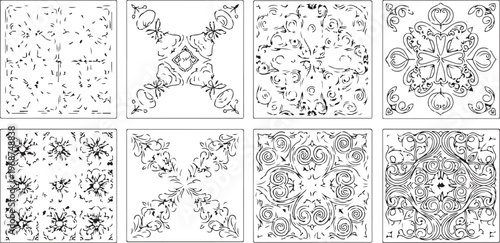 Intricate black and white illustrations of various animals and scenes Vector