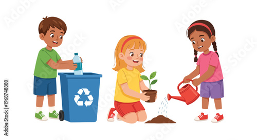 Flat style vector illustration of children learning recycling and environmental care in classroom, sustainability education and eco-friendly awareness concept