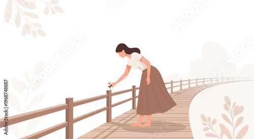 Serene Walk Embracing Nature's Delicate Touch on Wooden Pathway