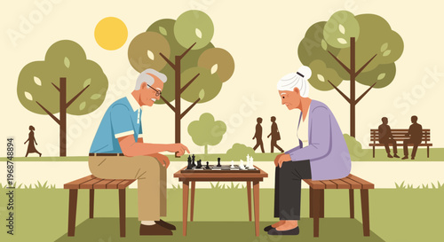 Senior Couple Engaged In A Chess Game In A Park Setting