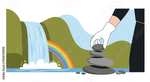 Serene Waterfall Harmony Nature Balance Stacked Stones Tranquil Scene