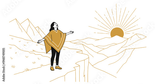 Serene Mountain Sunrise Embraced by a Woman in Poncho