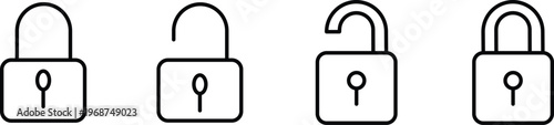 Padlock outline icons minimalist line art set for security and privacy, Open and closed lock outline vector graphics for web apps, Simple safety symbol for data protection. Editable stroke.