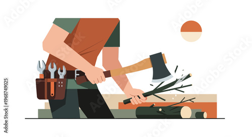 Skilled Woodsman Chopping Branches With Axe And Wearing Tool Belt