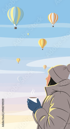 Serene Winter Sky With Hot Air Balloons And Warm Drink