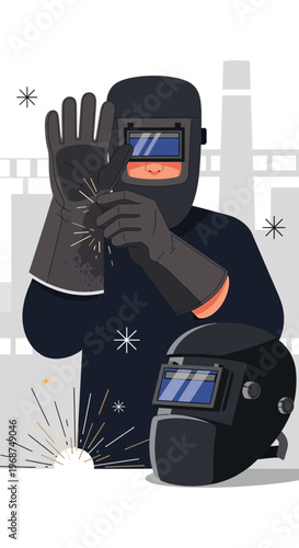 Skilled Welder In Protective Gear With Sparks Flying Near Industrial Site