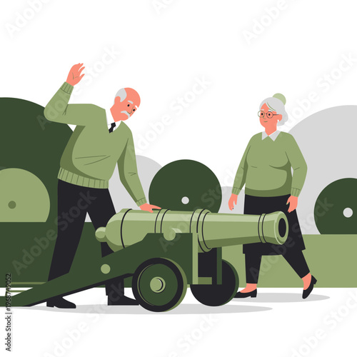 Senior Couple Posing With Vintage Cannon For Unique Lifestyle Photography