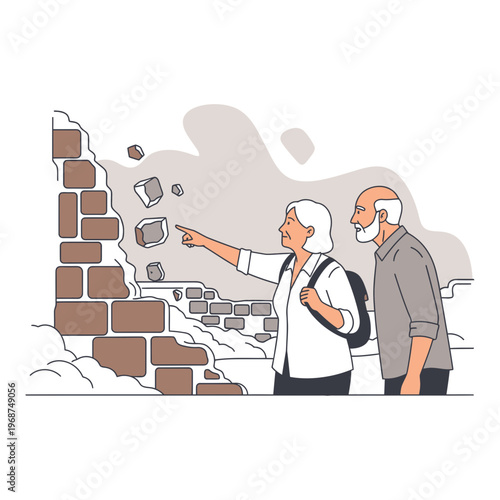 Senior Couple Inspecting Ancient Crumbling Stone Wall Structure
