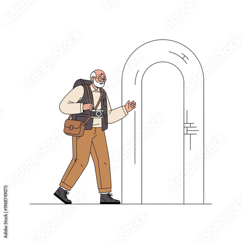 Senior Explorer Approaches Ancient Archway With Camera Ready For Discovery